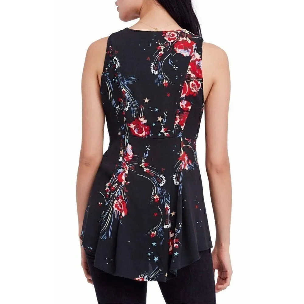 Free‎ People Black Floral Surplice Wrap Blouse Top XS NEW